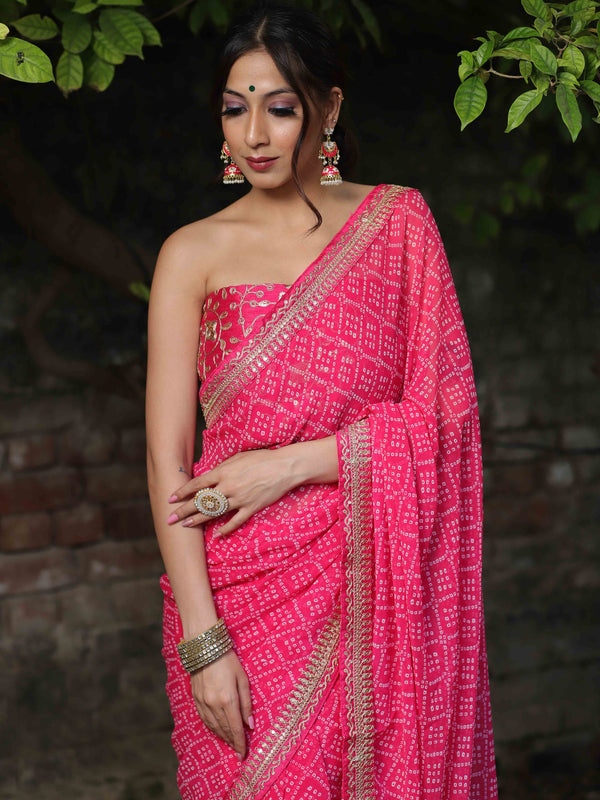 Banarasee Georgette Embroidered Chunari Print Saree-Pink