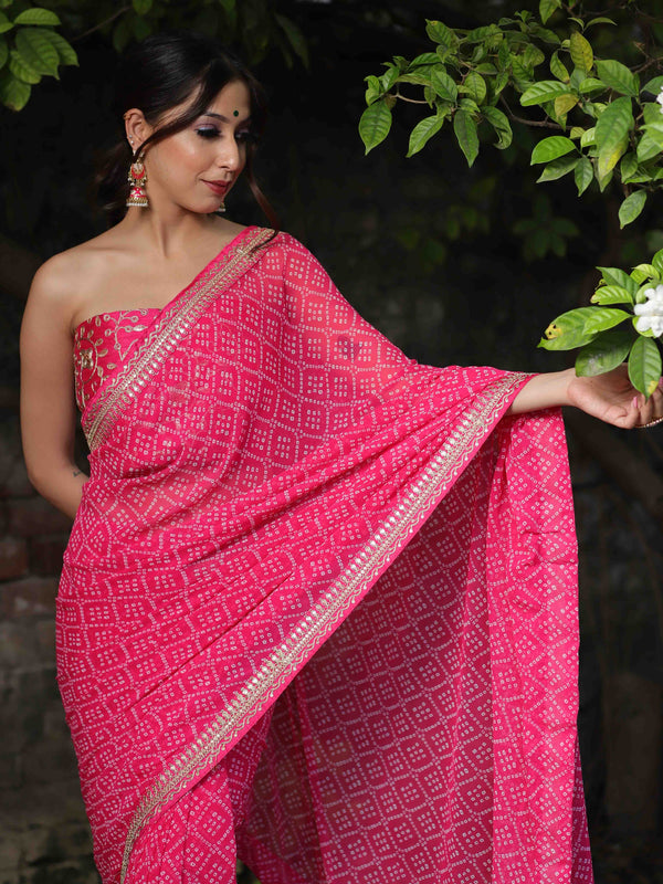 Banarasee Georgette Embroidered Chunari Print Saree-Pink