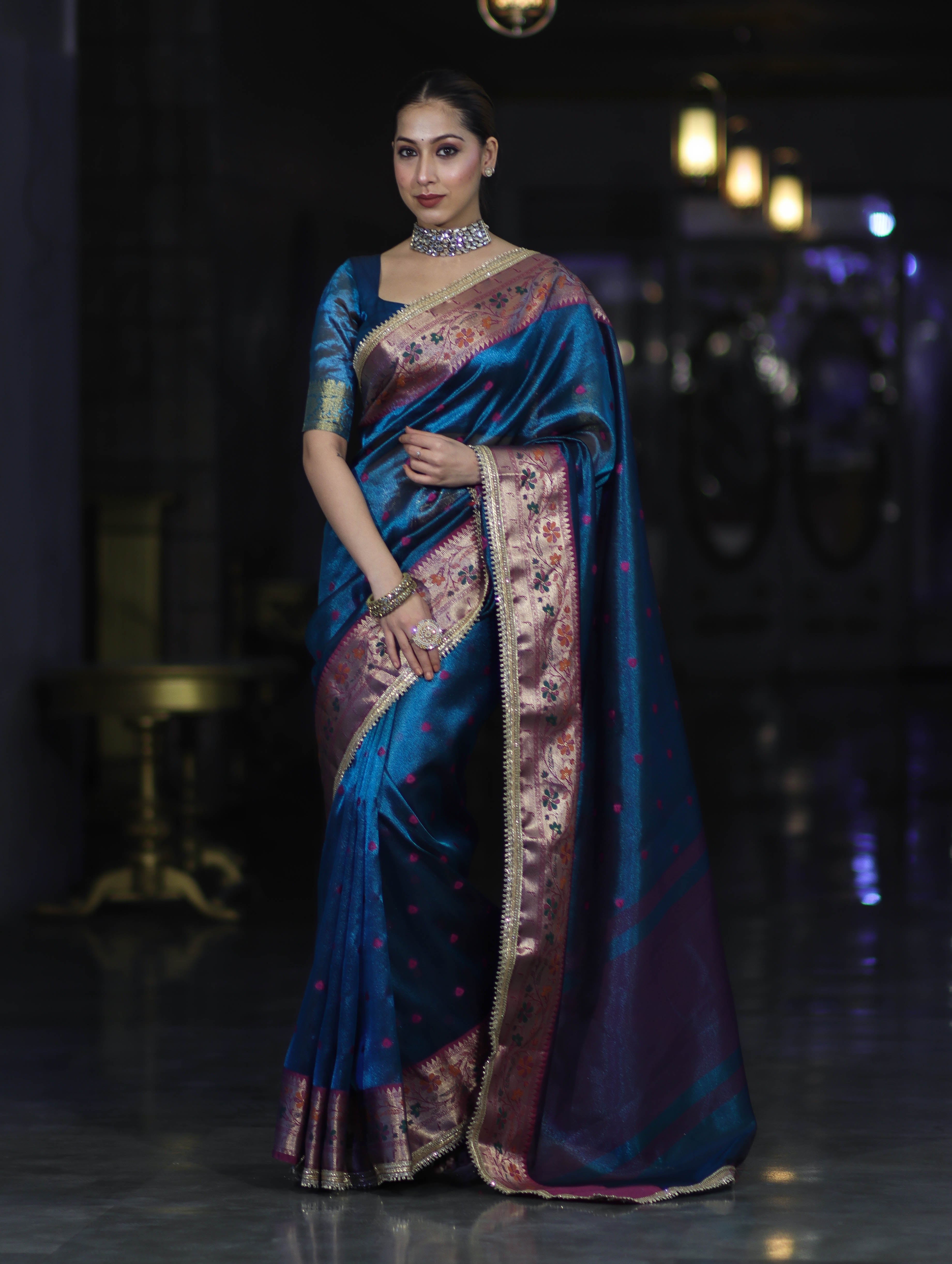 Banarasee Handloom Tissue Saree With Buti Design Contrast Border & Lace-Teal Blue