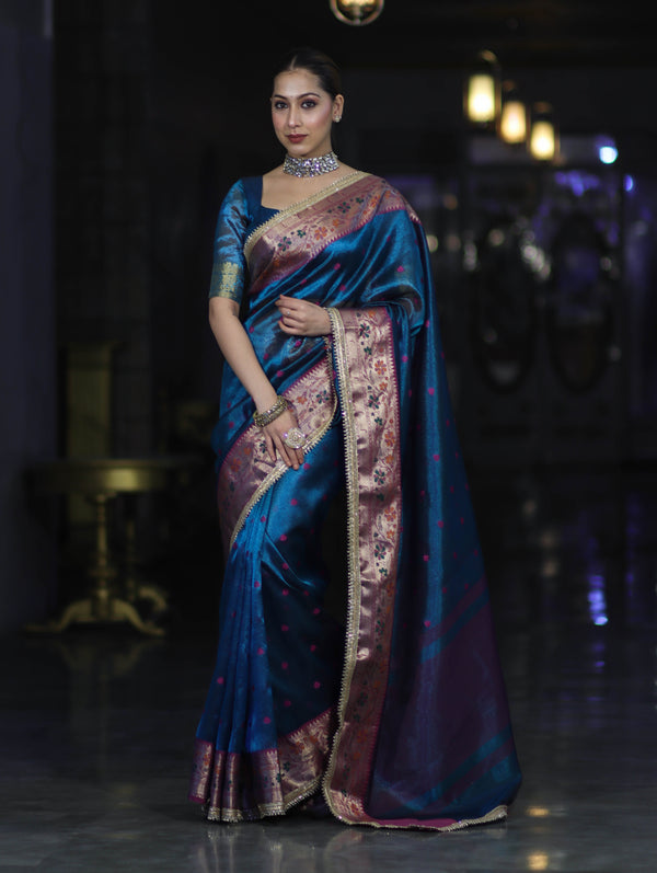 Banarasee Handloom Tissue Saree With Buti Design Contrast Border & Lace-Teal Blue