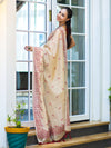 Banarasee Handloom Chanderi Cotton Saree With Hand Embroidered Floral Design-Beige