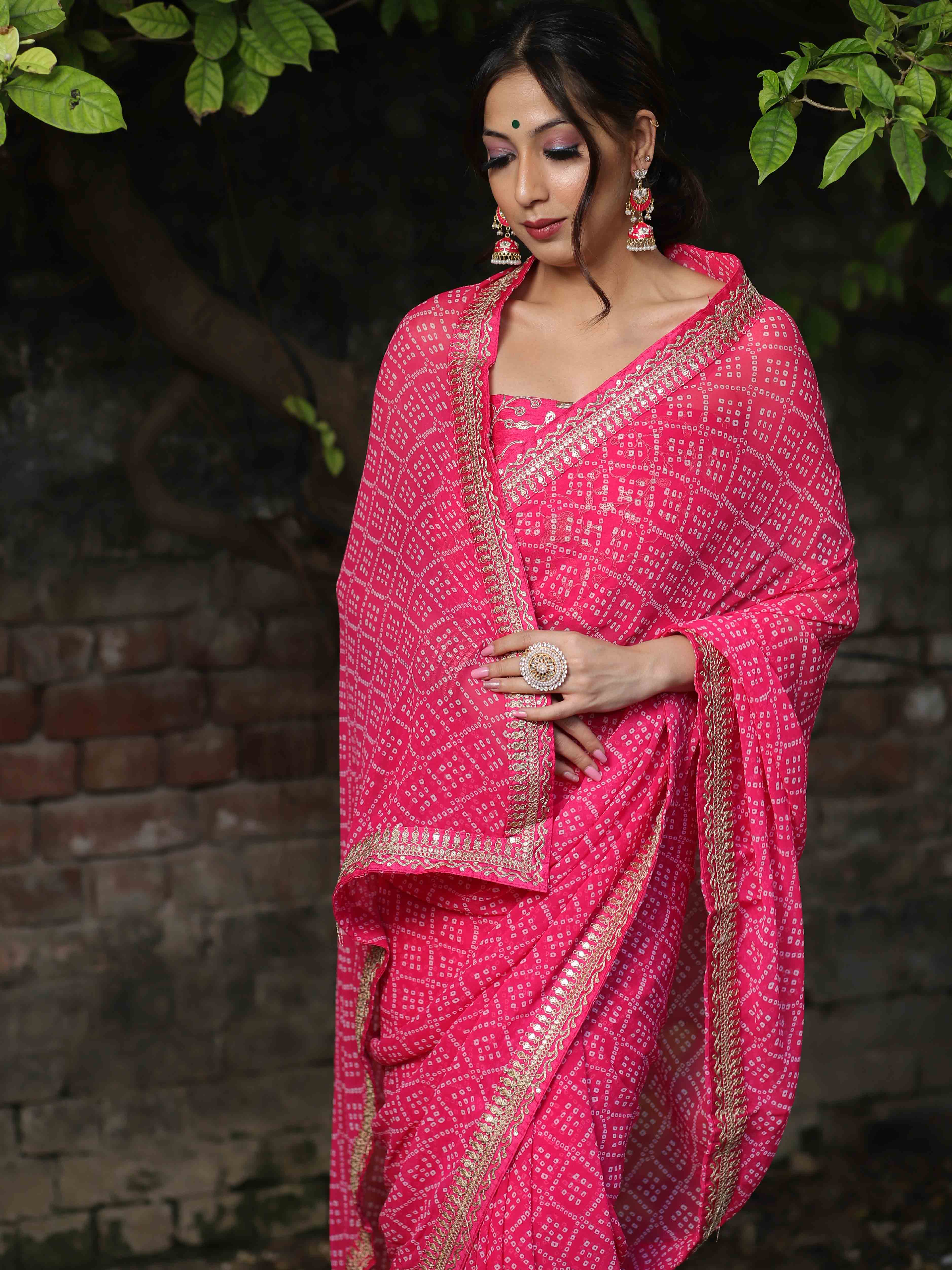 Banarasee Georgette Embroidered Chunari Print Saree-Pink