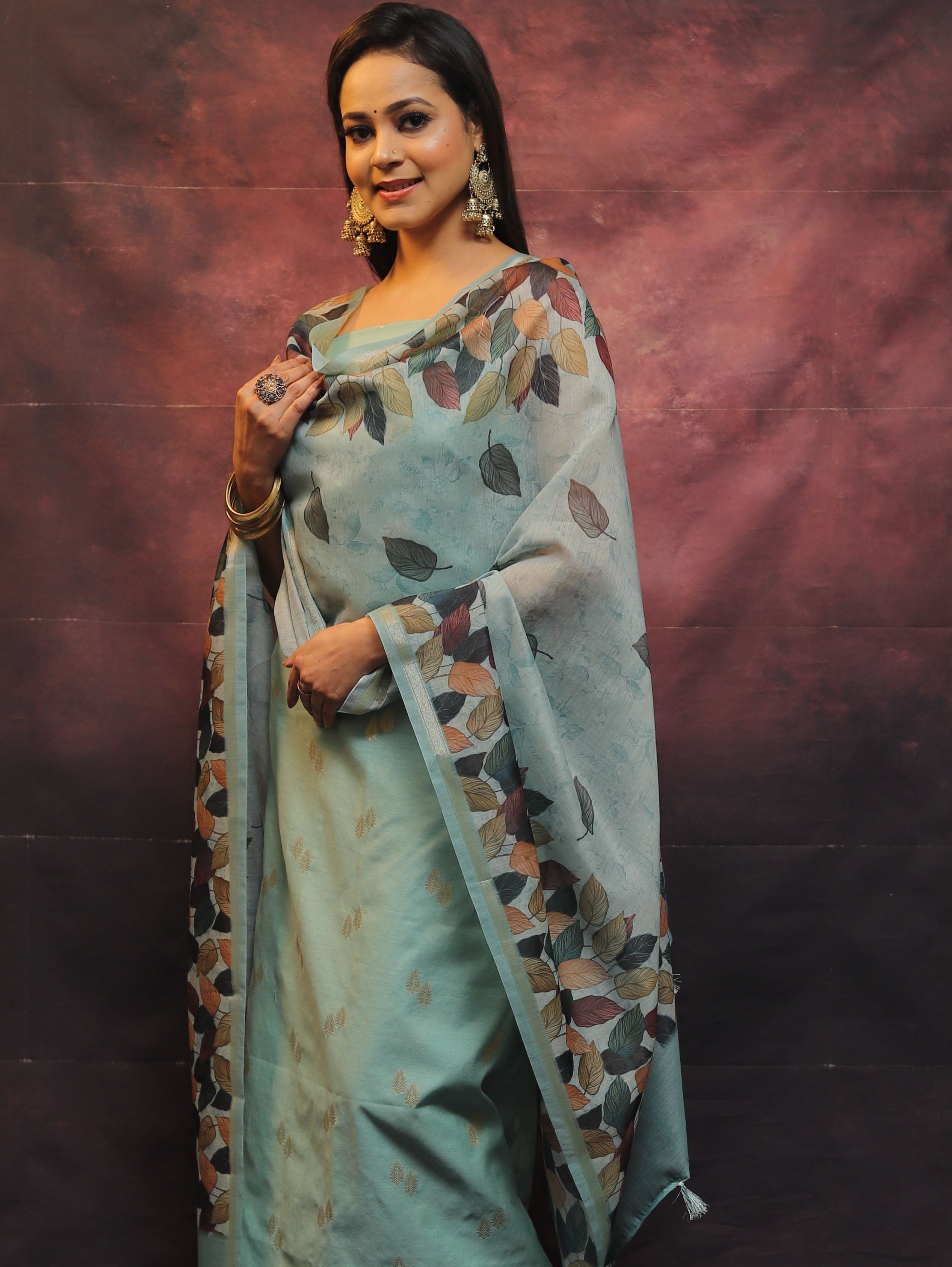Banarasee Chanderi Cotton Zari Buti Salwar Kameez Fabric With Digital Print Dupatta-Green