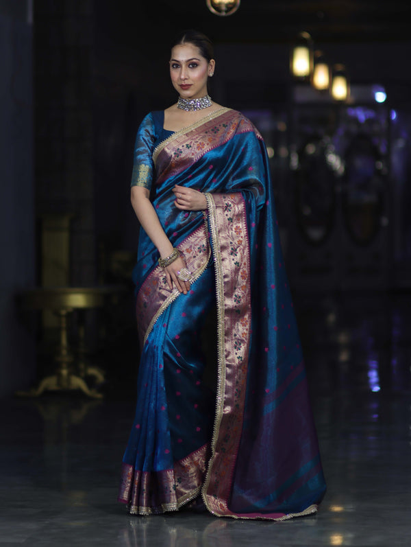 Banarasee Handloom Tissue Saree With Buti Design Contrast Border & Lace-Teal Blue