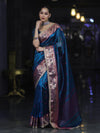 Banarasee Handloom Tissue Saree With Buti Design Contrast Border & Lace-Teal Blue