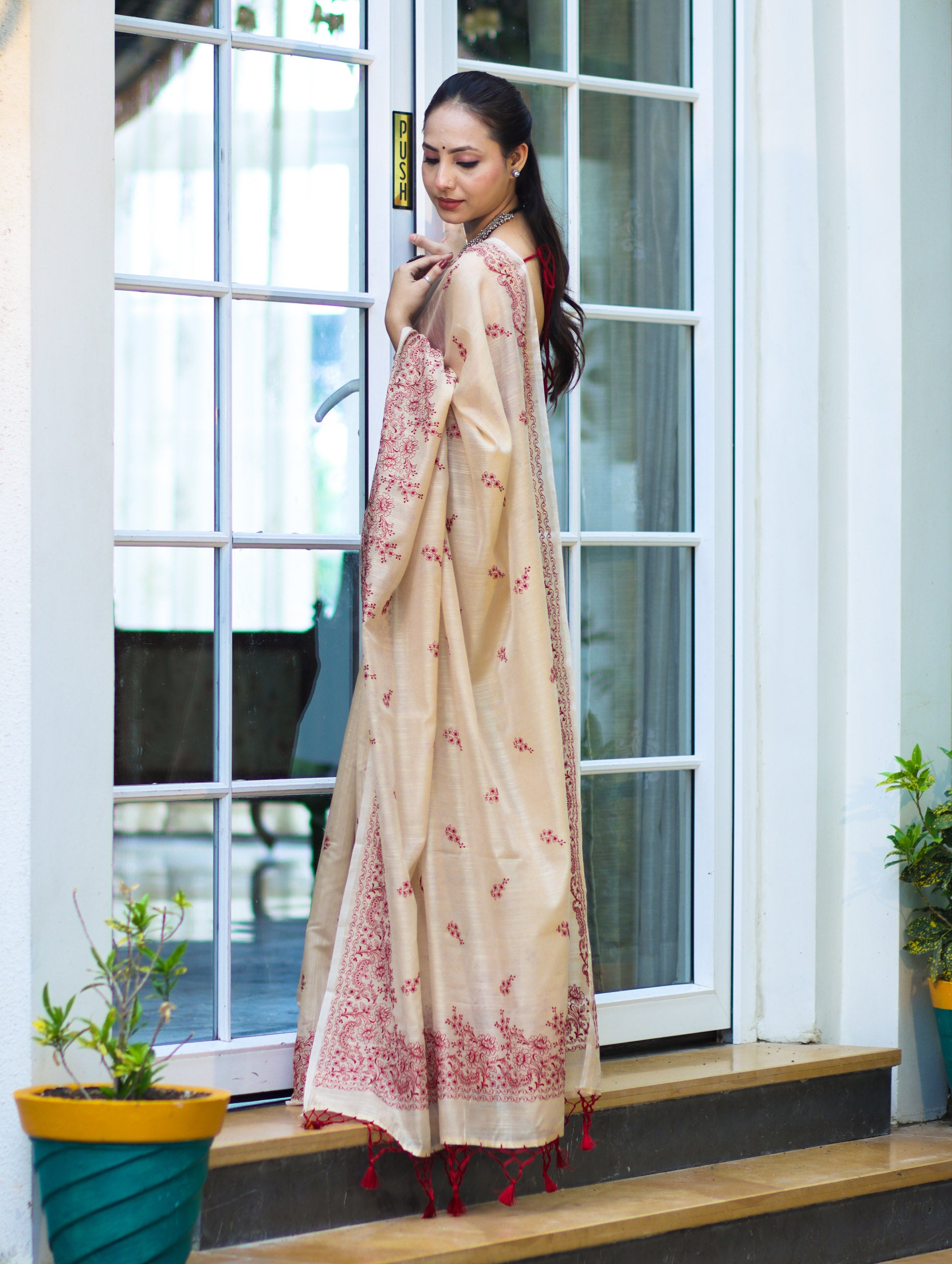 Banarasee Handloom Chanderi Cotton Saree With Hand Embroidered Floral Design-Beige