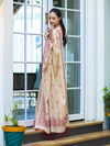 Banarasee Handloom Chanderi Cotton Saree With Hand Embroidered Floral Design-Beige