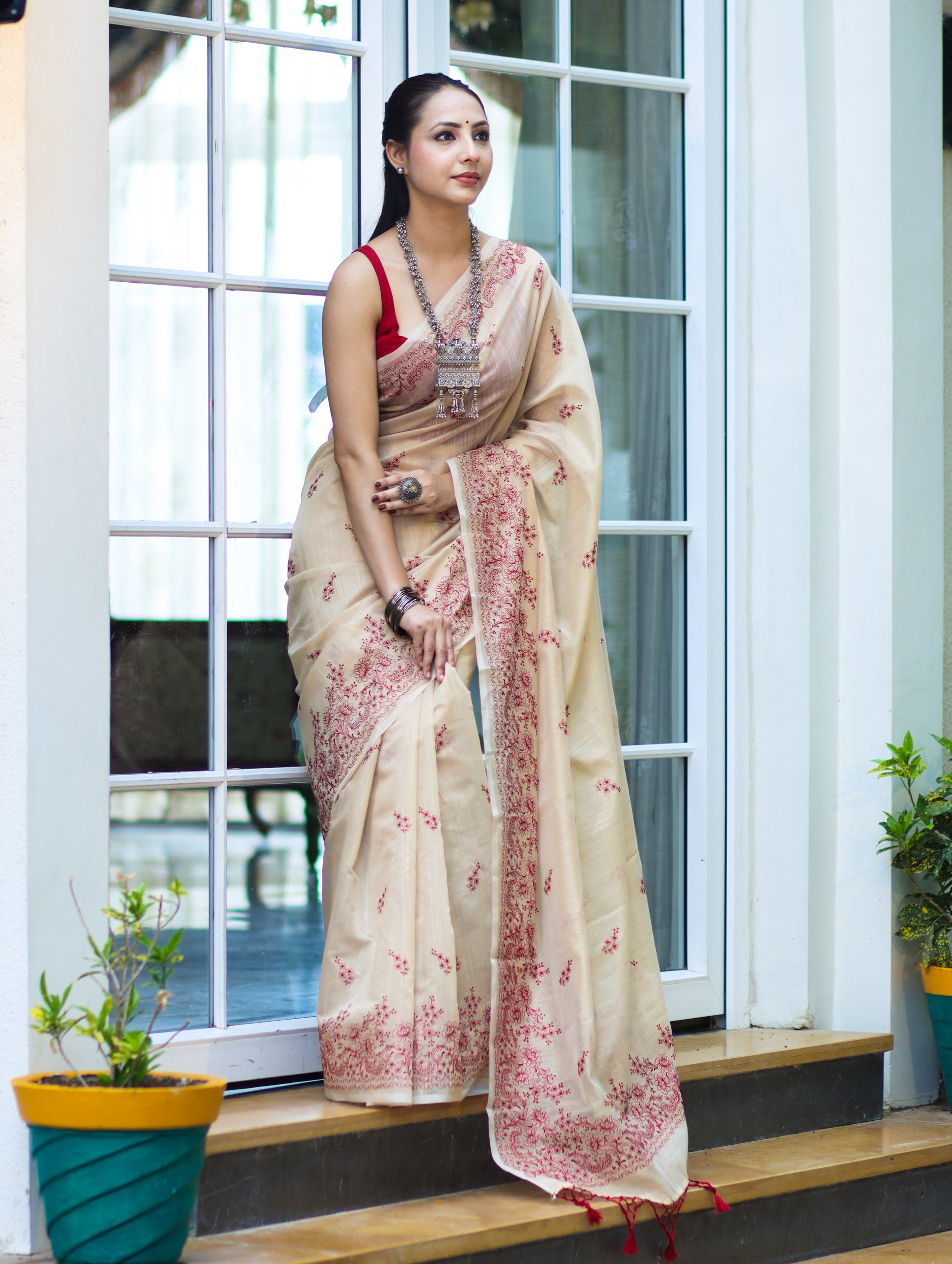 Banarasee Handloom Chanderi Cotton Saree With Hand Embroidered Floral Design-Beige