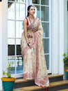 Banarasee Handloom Chanderi Cotton Saree With Hand Embroidered Floral Design-Beige