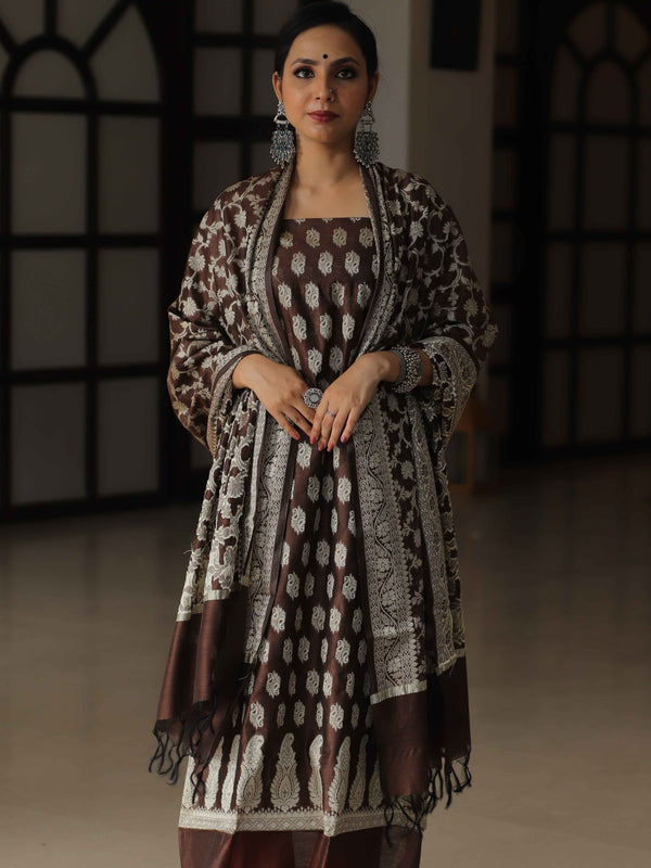 Banarasee Salwar Kameez Cotton Silk Resham Buti Woven Fabric-Brown