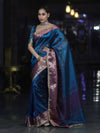 Banarasee Handloom Tissue Saree With Buti Design Contrast Border & Lace-Teal Blue