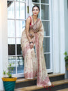 Banarasee Handloom Chanderi Cotton Saree With Hand Embroidered Floral Design-Beige