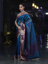Banarasee Handloom Tissue Saree With Buti Design Contrast Border & Lace-Teal Blue