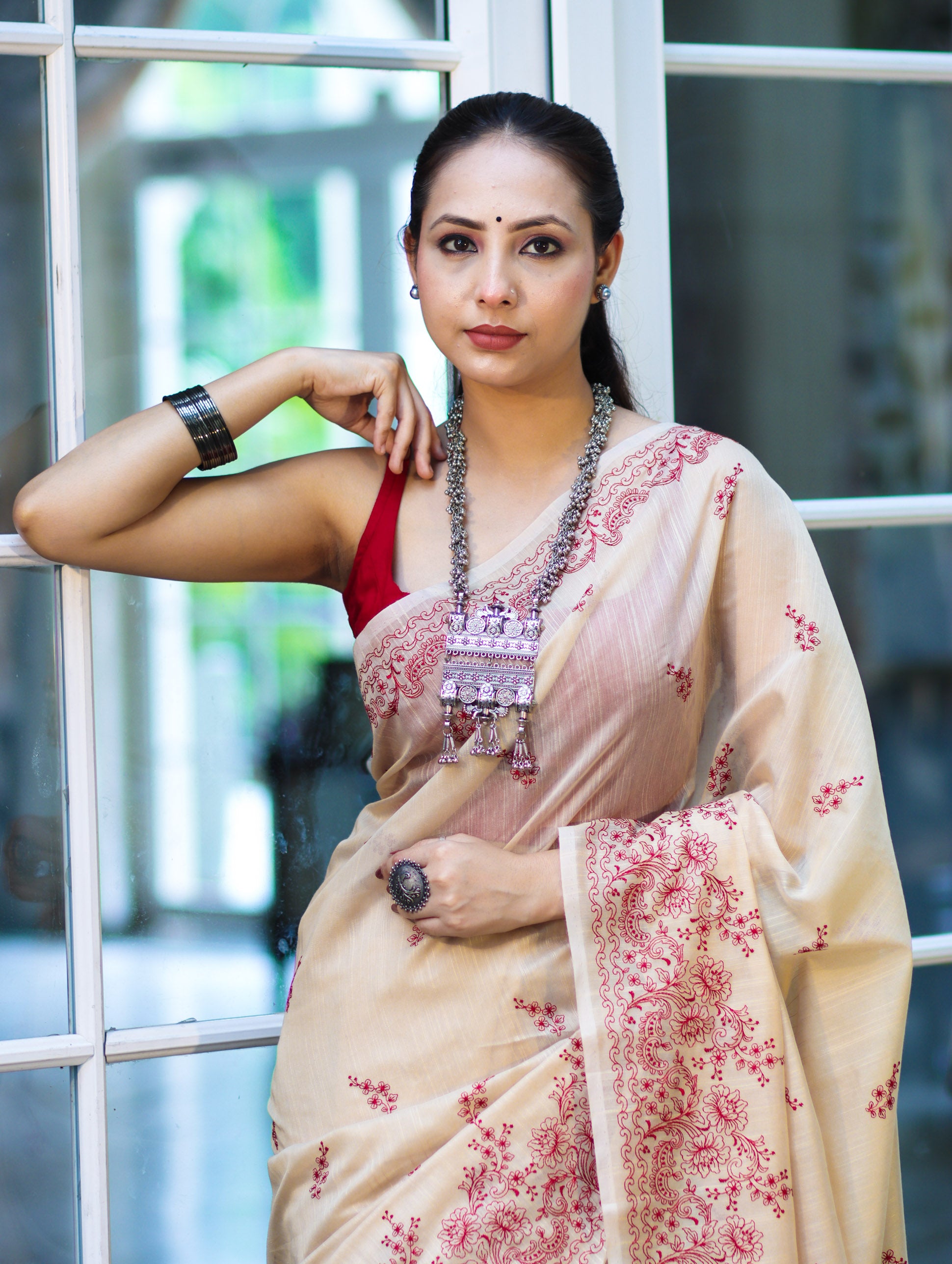Banarasee Handloom Chanderi Cotton Saree With Hand Embroidered Floral Design-Beige