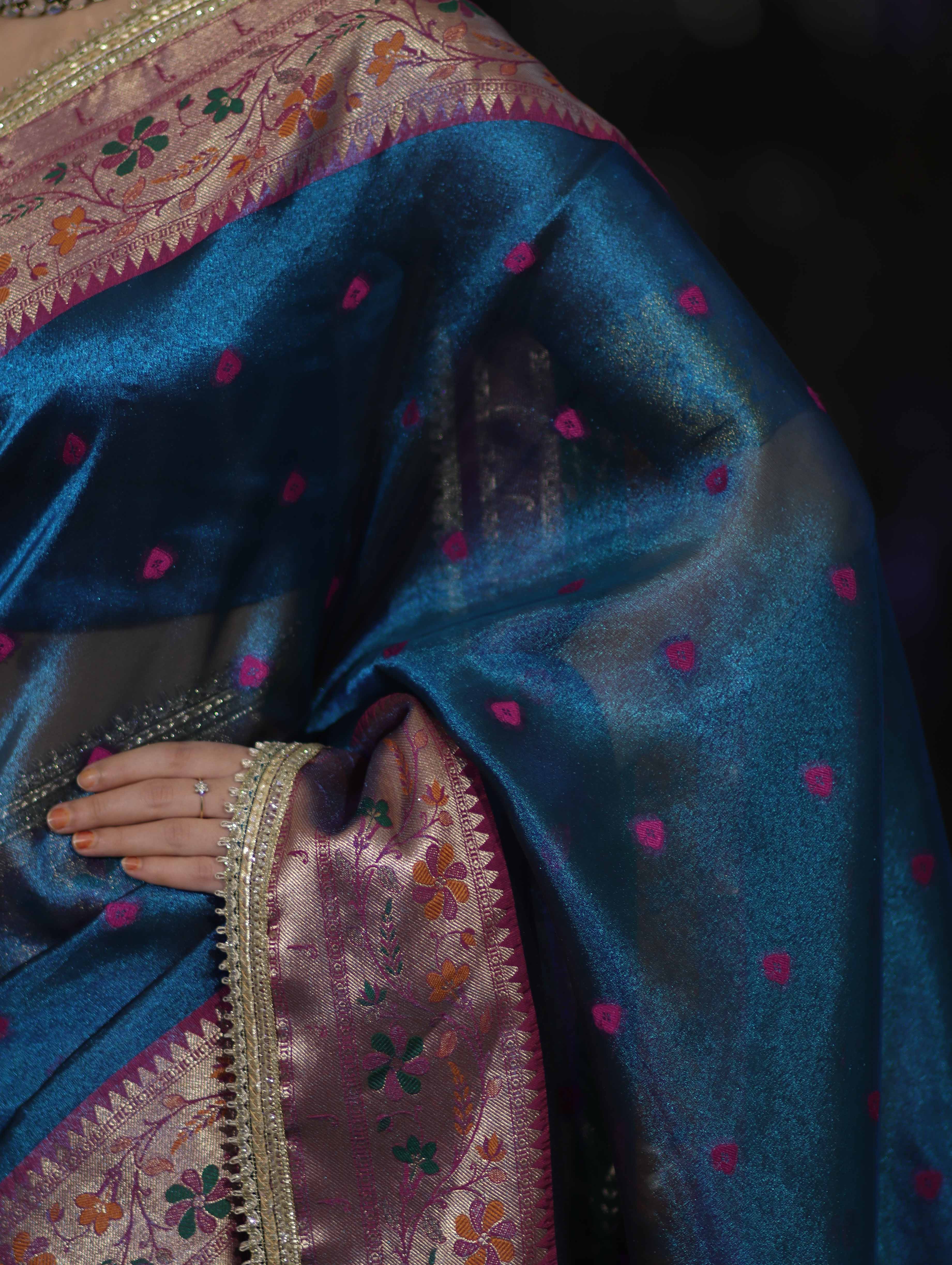 Banarasee Handloom Tissue Saree With Buti Design Contrast Border & Lace-Teal Blue