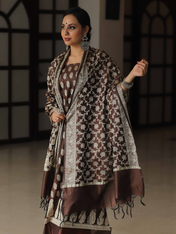 Banarasee Salwar Kameez Cotton Silk Resham Buti Woven Fabric-Brown