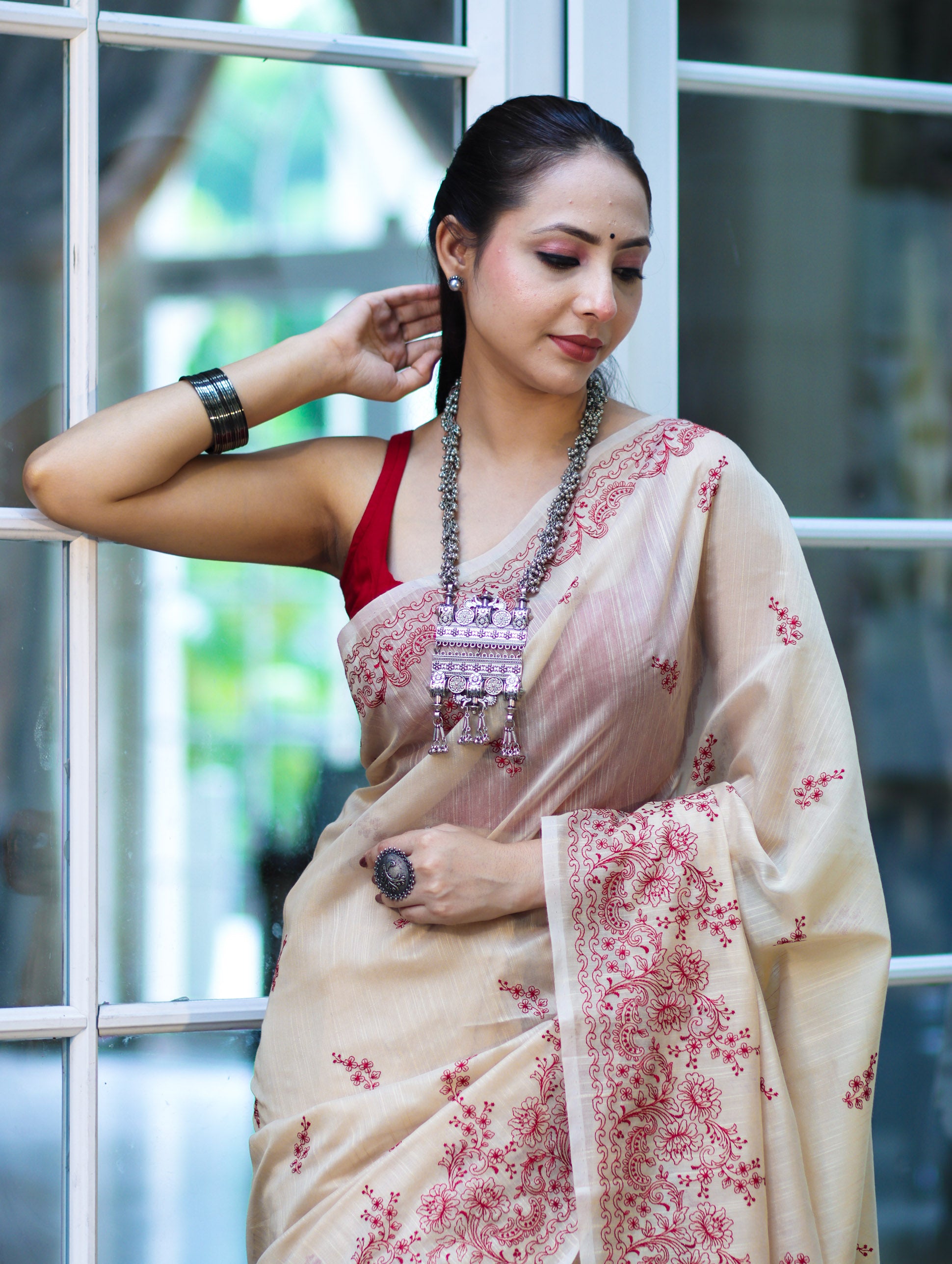 Banarasee Handloom Chanderi Cotton Saree With Hand Embroidered Floral Design-Beige