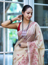Banarasee Handloom Chanderi Cotton Saree With Hand Embroidered Floral Design-Beige