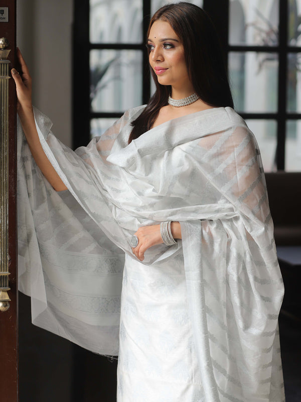 Banarasee Cotton Silk Resham Work Salwar Kameez Fabric & Dupatta-White