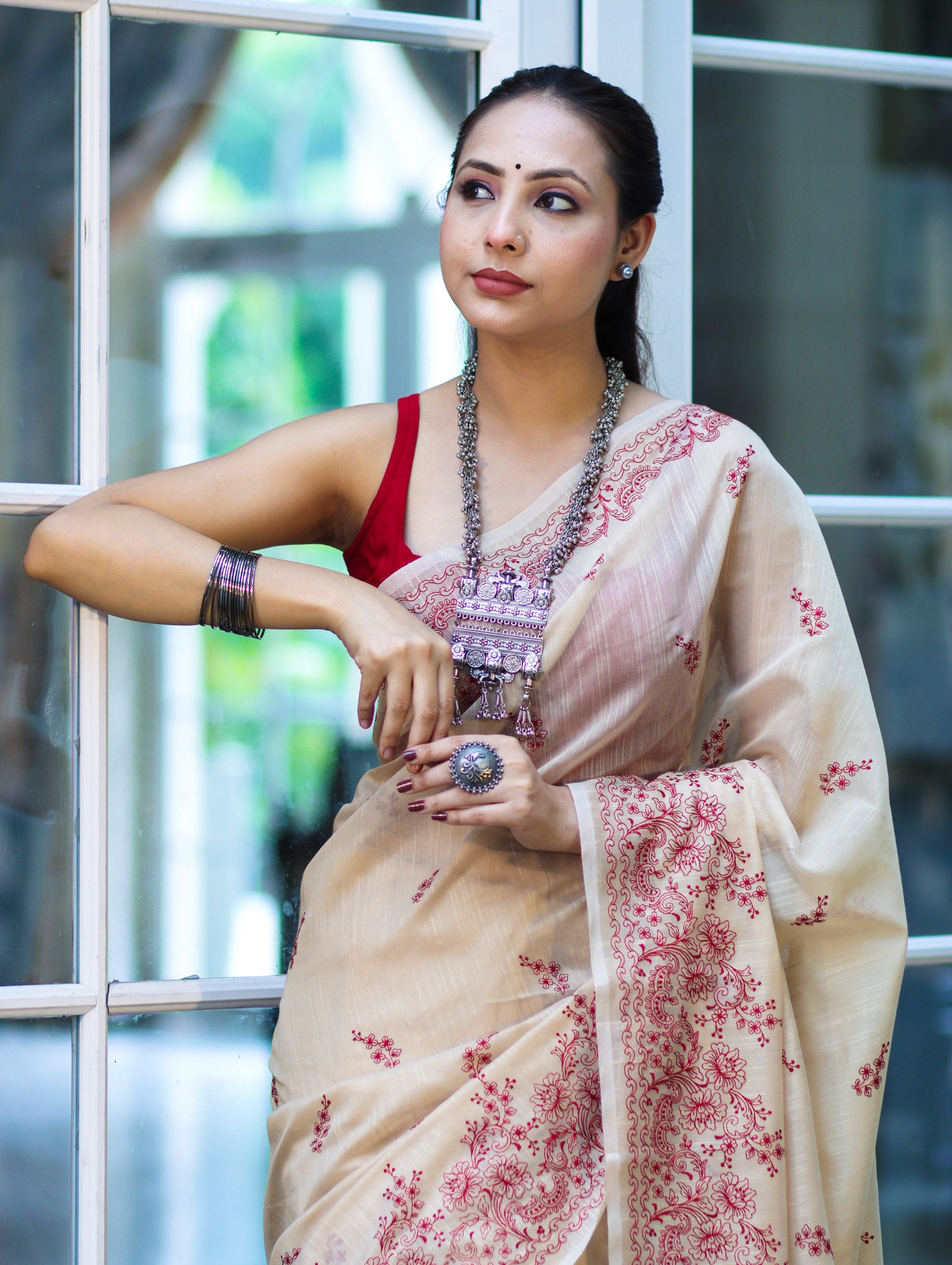 Banarasee Handloom Chanderi Cotton Saree With Hand Embroidered Floral Design-Beige
