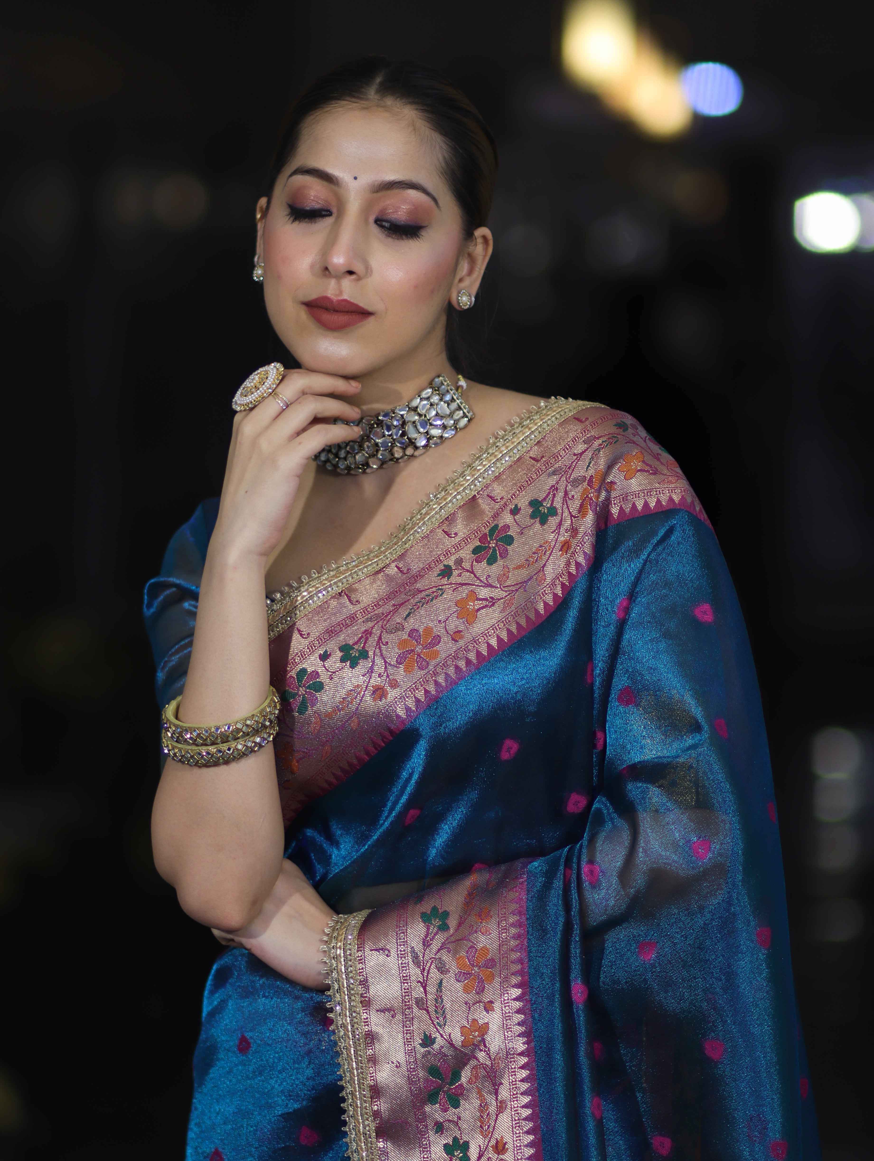 Banarasee Handloom Tissue Saree With Buti Design Contrast Border & Lace-Teal Blue