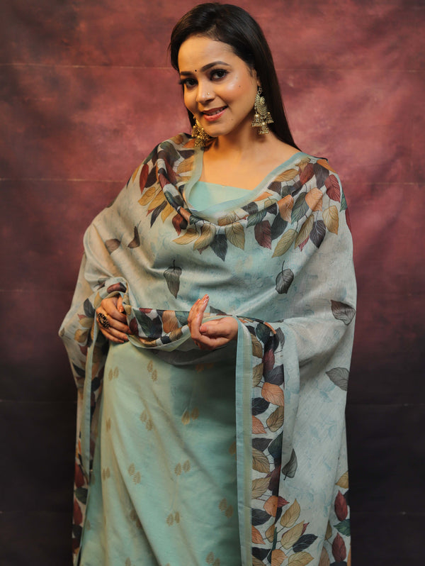 Banarasee Chanderi Cotton Zari Buti Salwar Kameez Fabric With Digital Print Dupatta-Green
