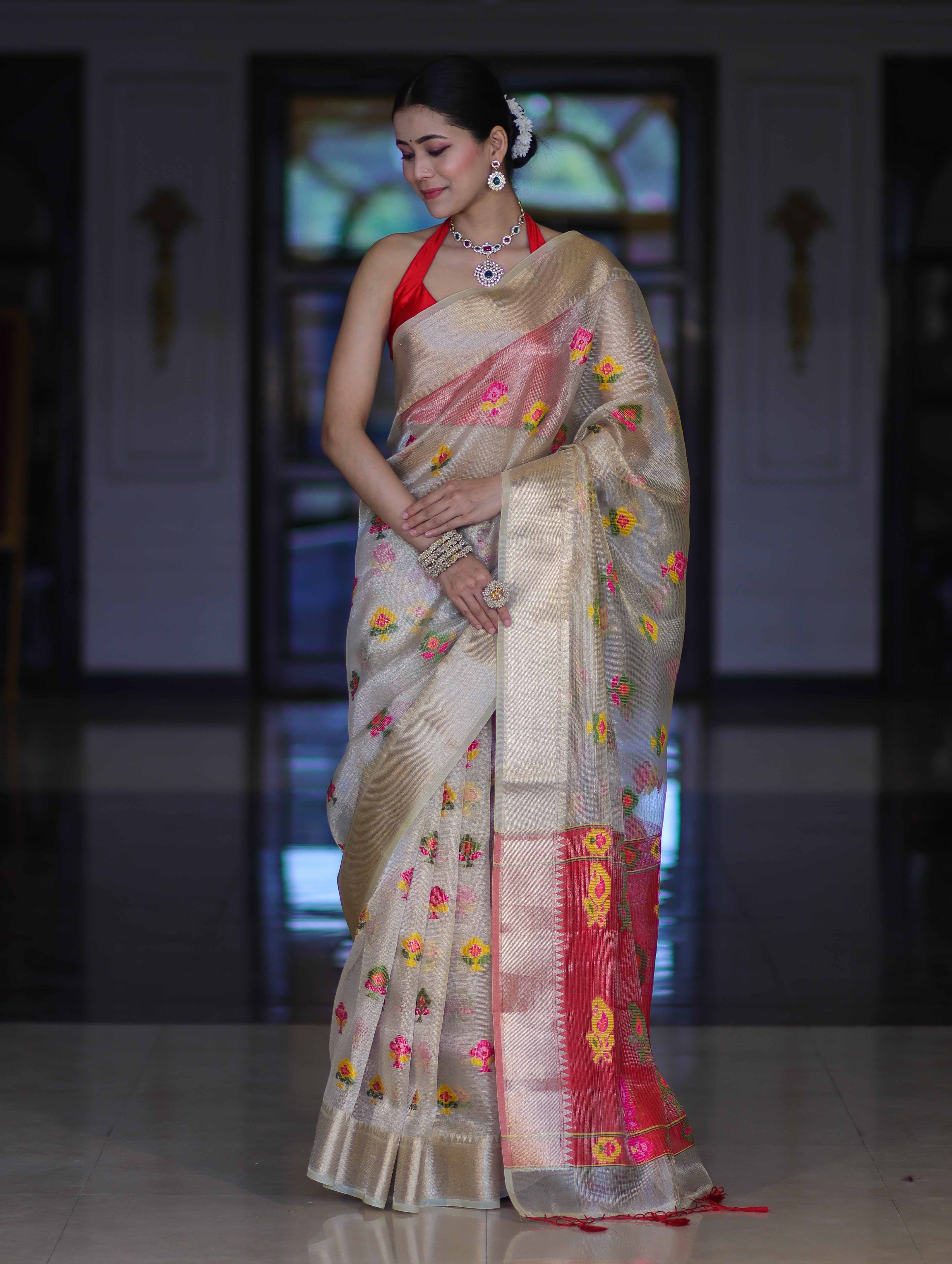 Banarasee Handloom Tissue Saree With Thread Embroidery & Contrast Pallu-Gold & Red