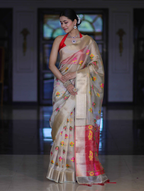 Banarasee Handloom Tissue Saree With Thread Embroidery & Contrast Pallu-Gold & Red