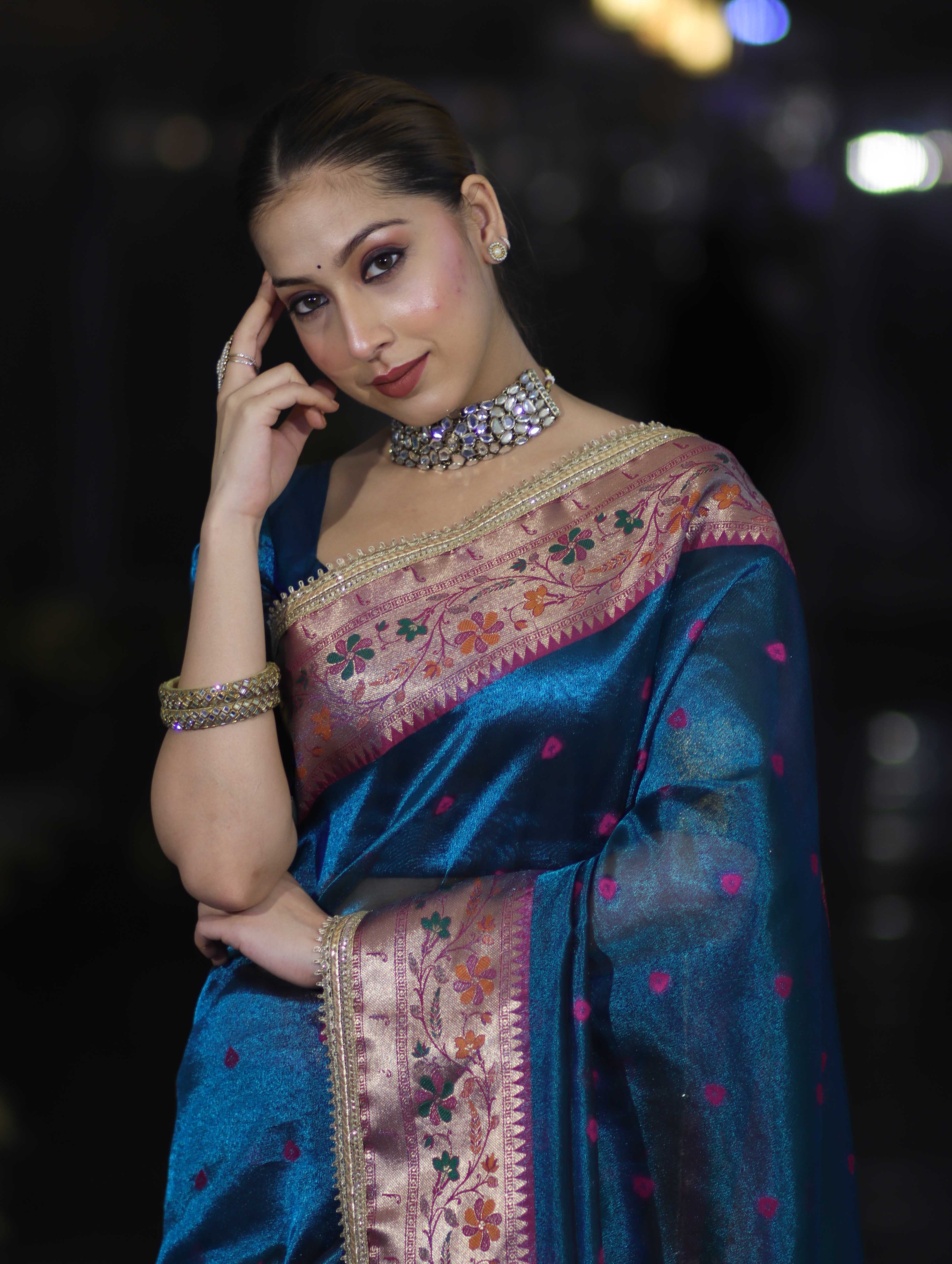 Banarasee Handloom Tissue Saree With Buti Design Contrast Border & Lace-Teal Blue