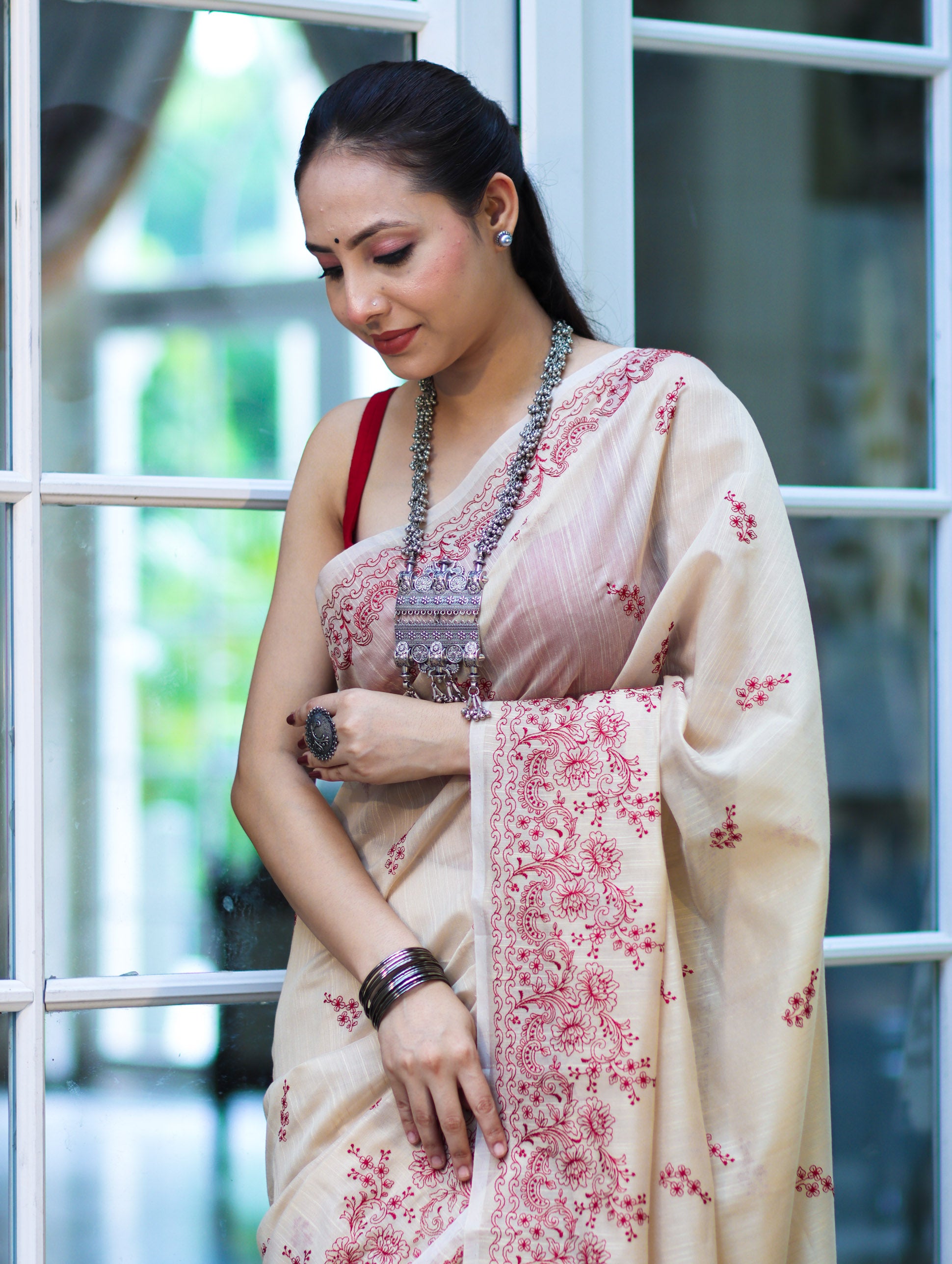 Banarasee Handloom Chanderi Cotton Saree With Hand Embroidered Floral Design-Beige