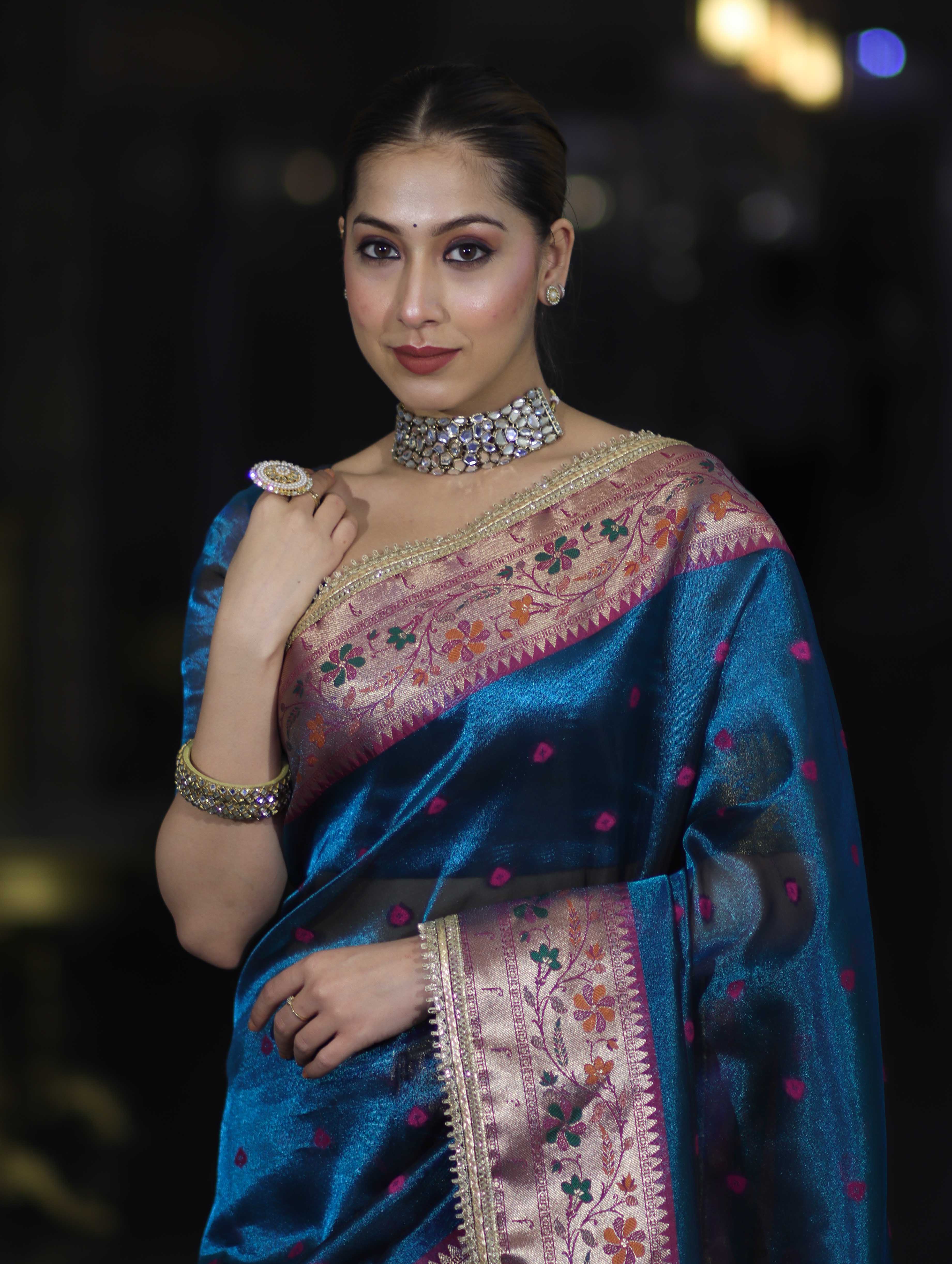 Banarasee Handloom Tissue Saree With Buti Design Contrast Border & Lace-Teal Blue