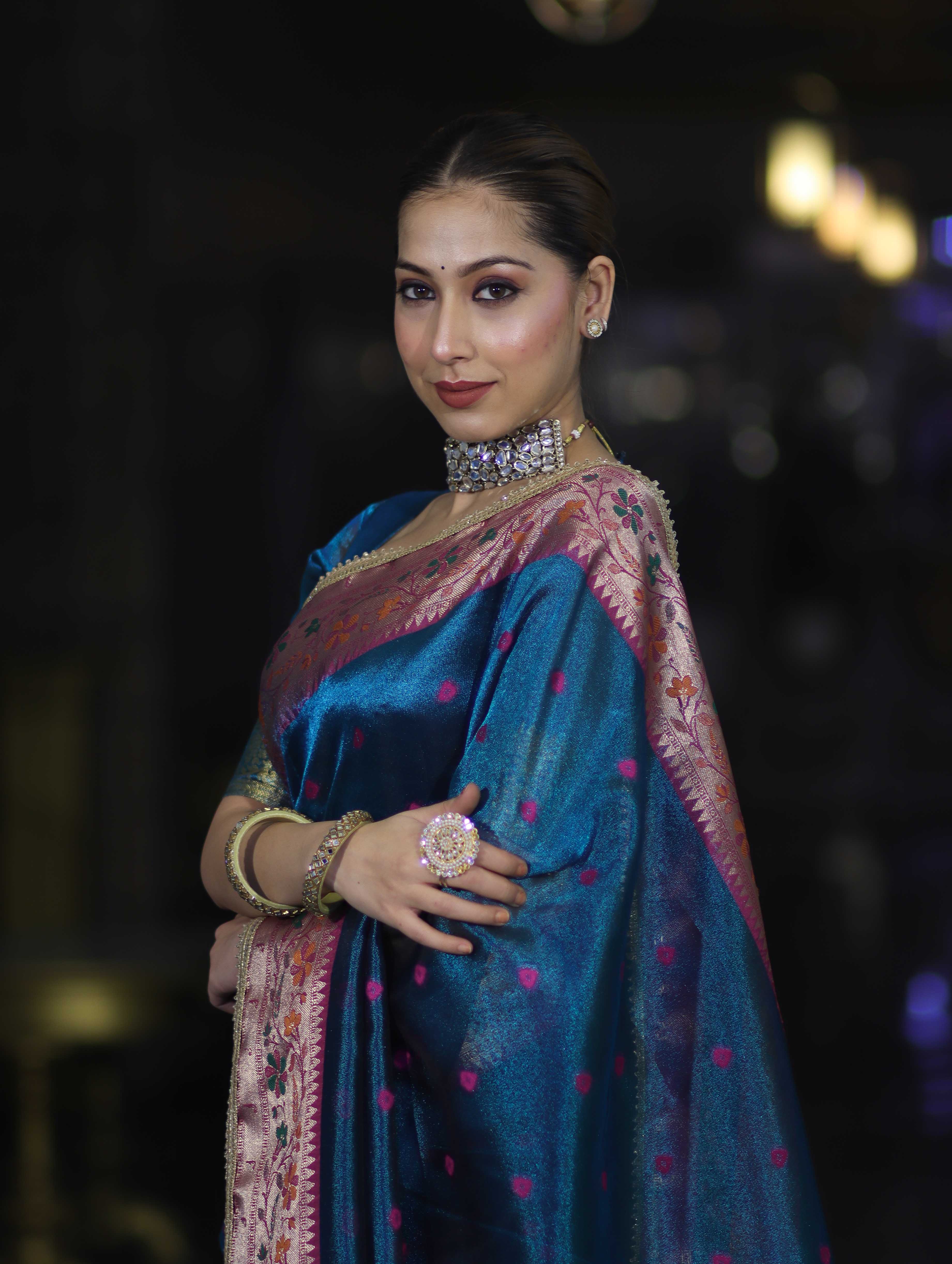 Banarasee Handloom Tissue Saree With Buti Design Contrast Border & Lace-Teal Blue