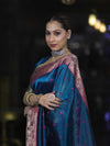 Banarasee Handloom Tissue Saree With Buti Design Contrast Border & Lace-Teal Blue