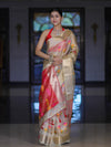 Banarasee Handloom Tissue Saree With Thread Embroidery & Contrast Pallu-Gold & Red