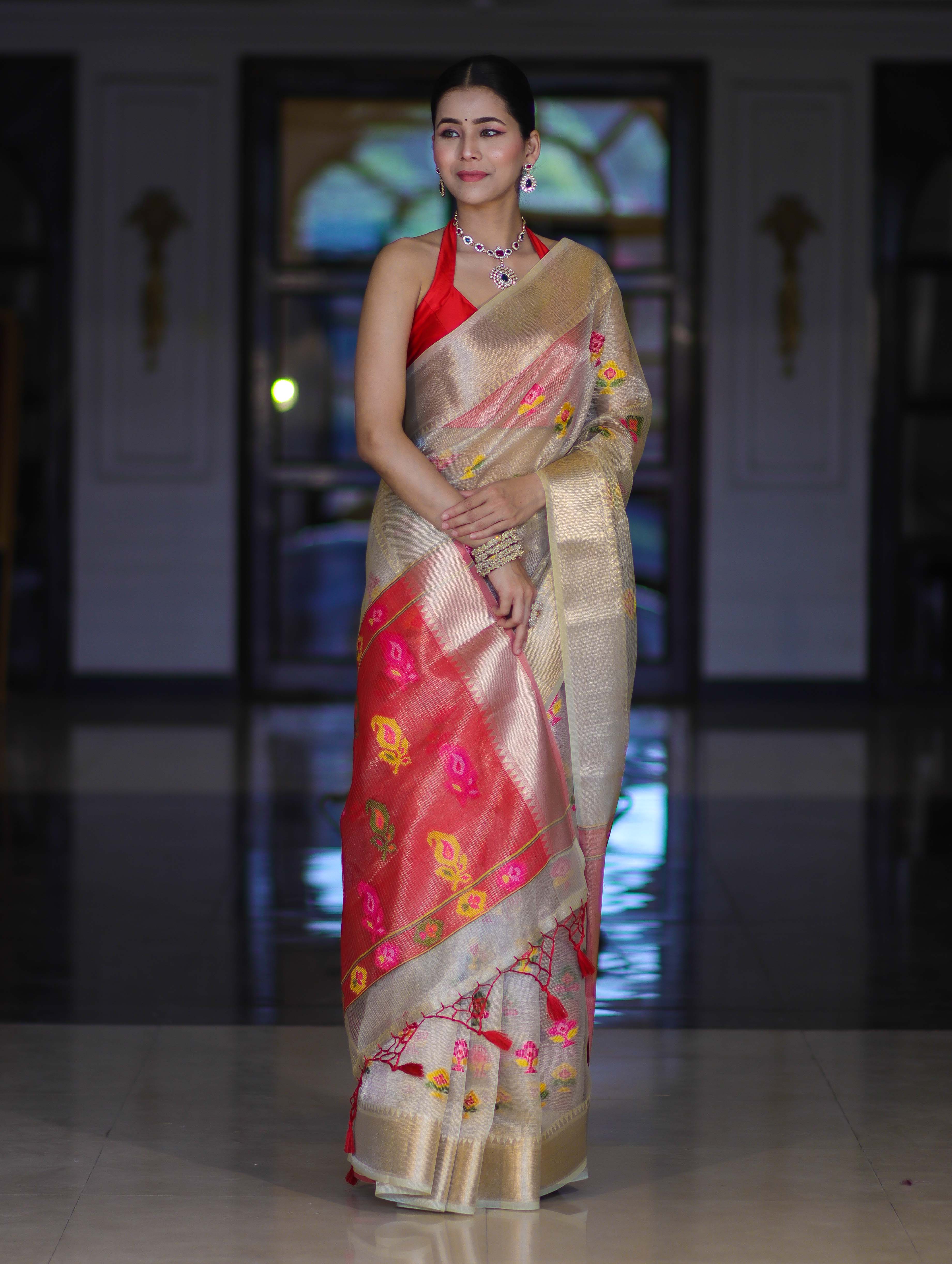 Banarasee Handloom Tissue Saree With Thread Embroidery & Contrast Pallu-Gold & Red