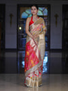 Banarasee Handloom Tissue Saree With Thread Embroidery & Contrast Pallu-Gold & Red