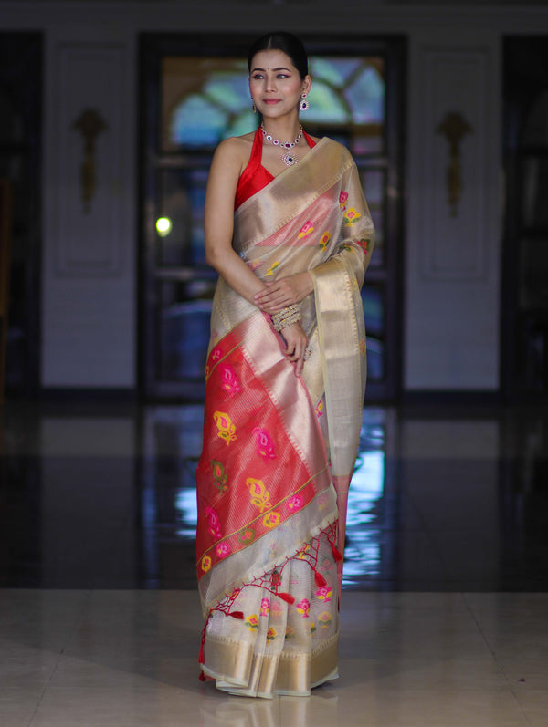 Banarasee Handloom Tissue Saree With Thread Embroidery & Contrast Pallu-Gold & Red