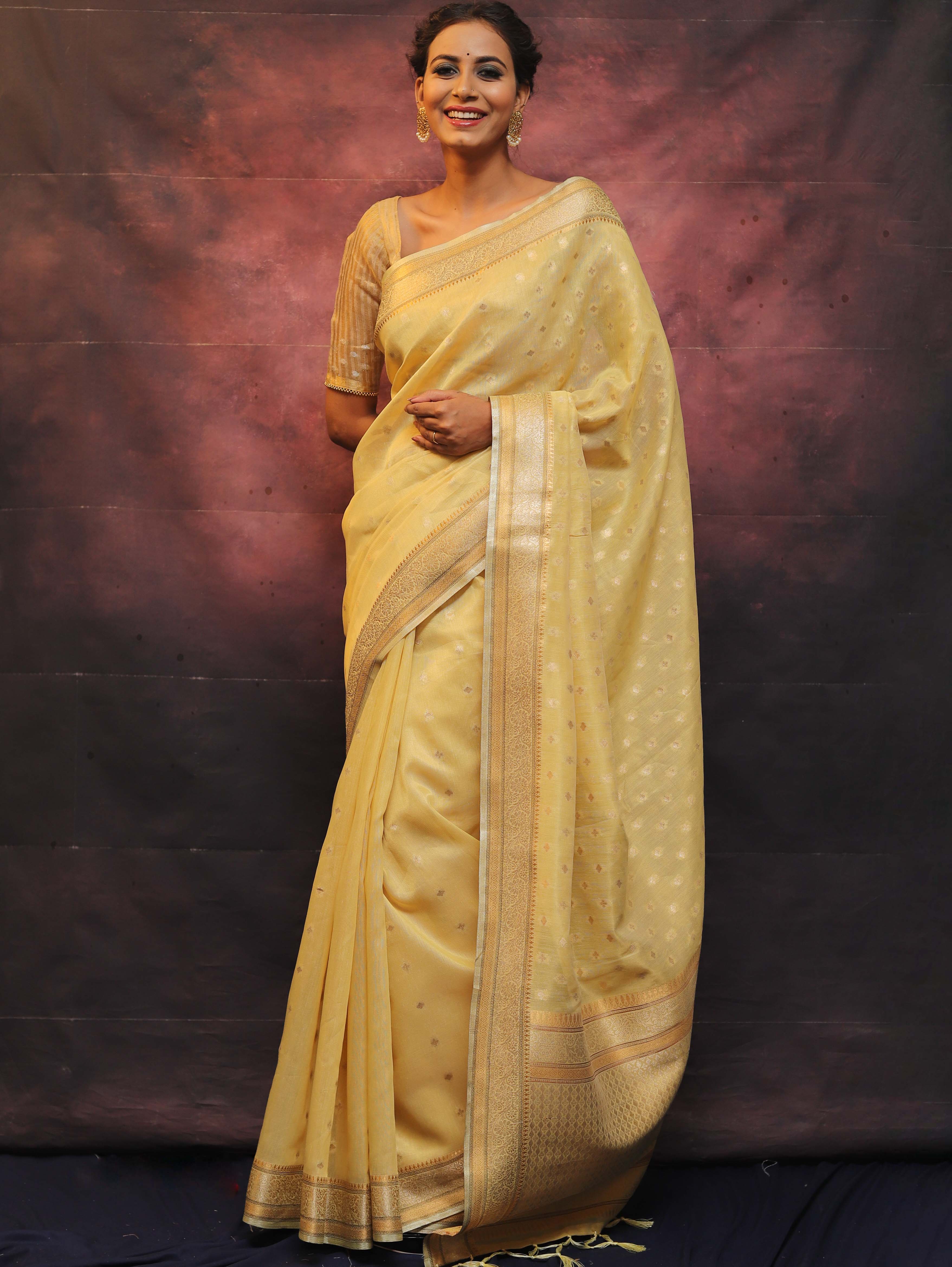 Banarasee Handwoven Zari Border Soft Tissue Saree-Yellow