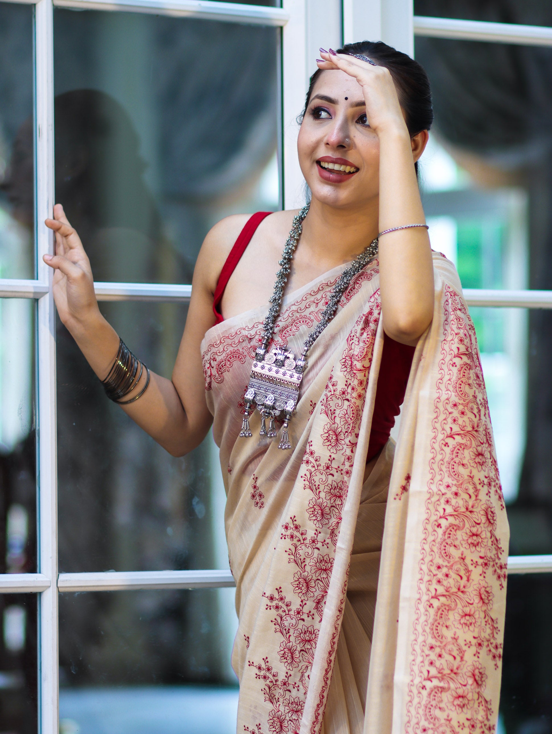 Banarasee Handloom Chanderi Cotton Saree With Hand Embroidered Floral Design-Beige