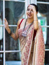 Banarasee Handloom Chanderi Cotton Saree With Hand Embroidered Floral Design-Beige