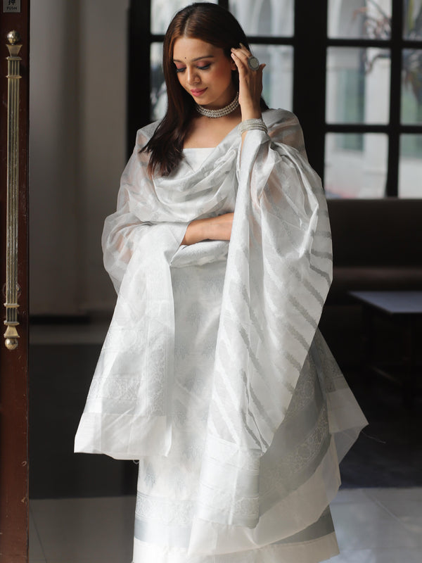 Banarasee Cotton Silk Resham Work Salwar Kameez Fabric & Dupatta-White