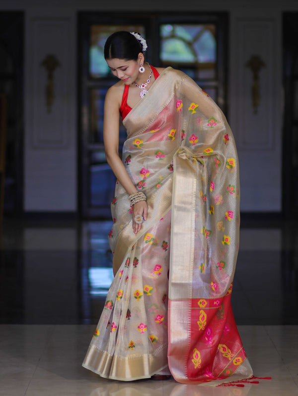 Banarasee Handloom Tissue Saree With Thread Embroidery & Contrast Pallu-Gold & Red