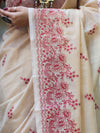 Banarasee Handloom Chanderi Cotton Saree With Hand Embroidered Floral Design-Beige