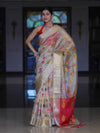 Banarasee Handloom Tissue Saree With Thread Embroidery & Contrast Pallu-Gold & Red