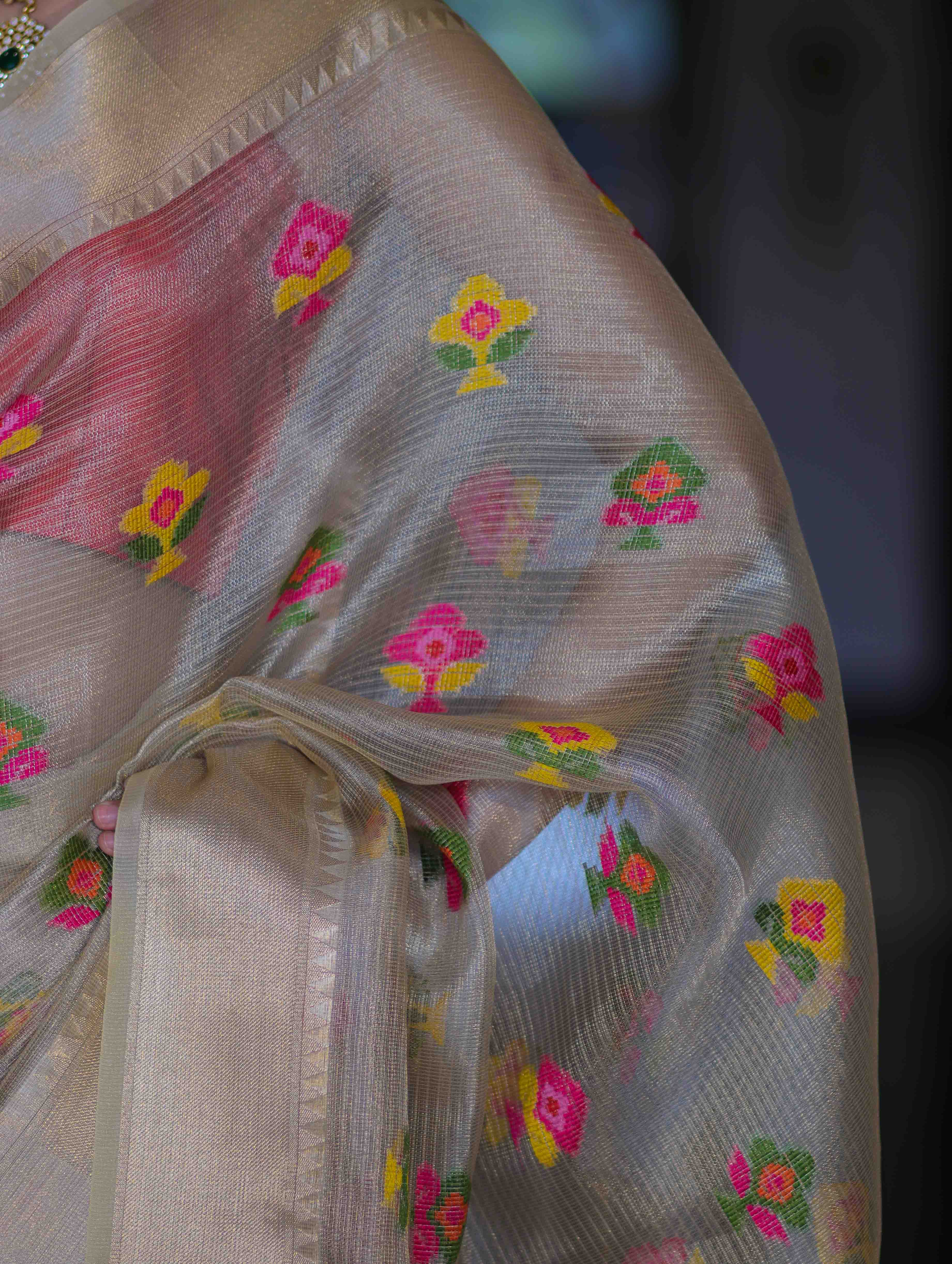 Banarasee Handloom Tissue Saree With Thread Embroidery & Contrast Pallu-Gold & Red