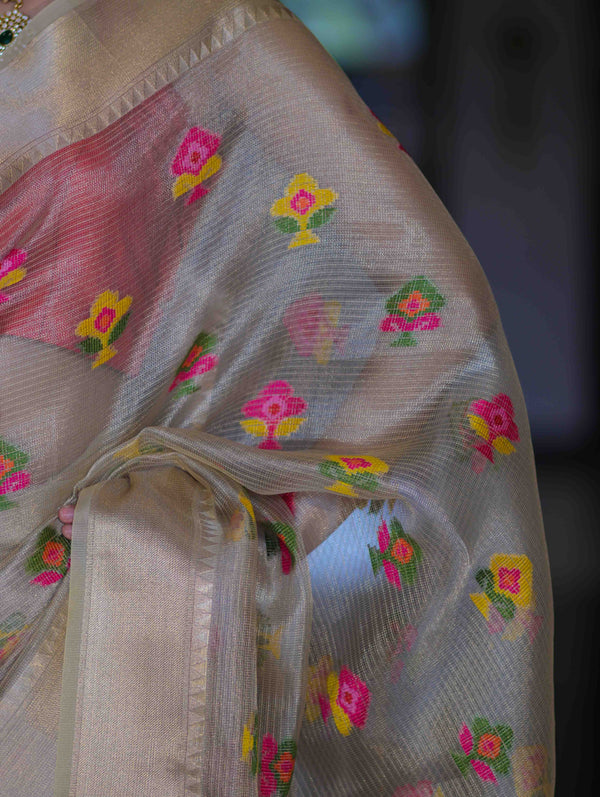 Banarasee Handloom Tissue Saree With Thread Embroidery & Contrast Pallu-Gold & Red