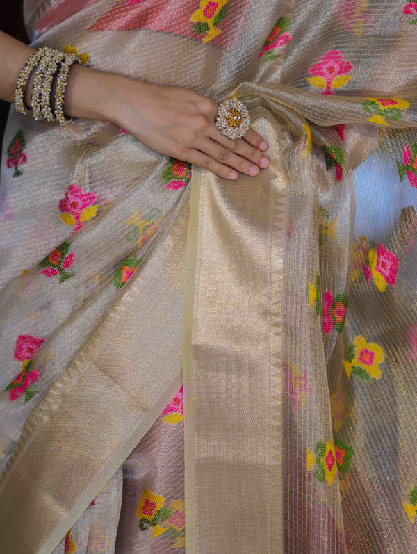 Banarasee Handloom Tissue Saree With Thread Embroidery & Contrast Pallu-Gold & Red