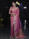 Banarasee Handloom Dual Tone Shimmer Tissue Saree With Buti Design Zari Border & Lace-Pink