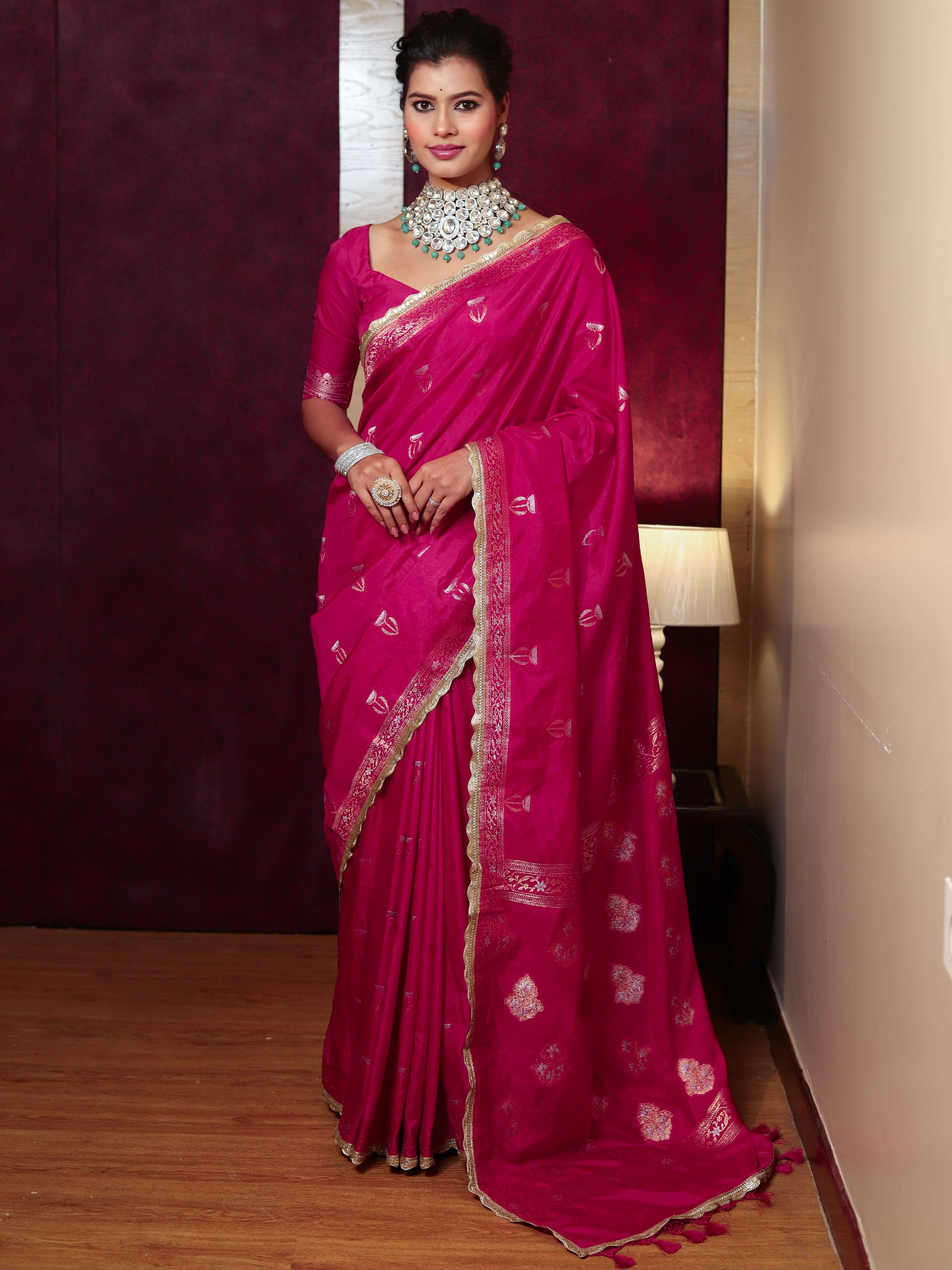Banarasee Handwoven Semi Katan Saree With Sona Rupa Zari Buta Design Border & Lace-Hot Pink