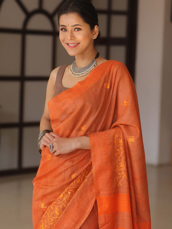 Bhagalpur Cotton Silk Ghichha Work Embroidered Saree-Orange